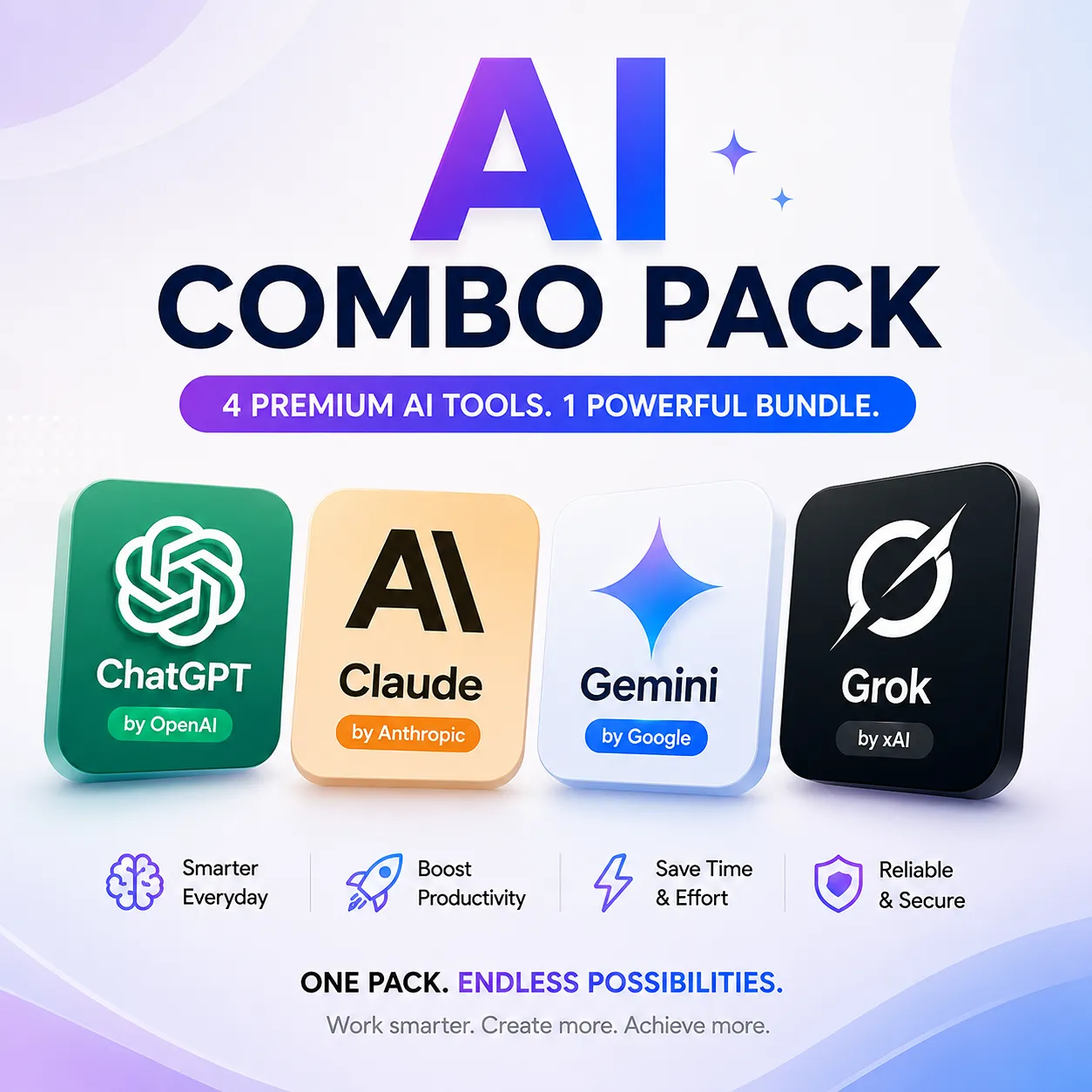 AI Combo Pack | ChatGPT, Claude, Gemini & Grok Premium Access | Monthly Subscription