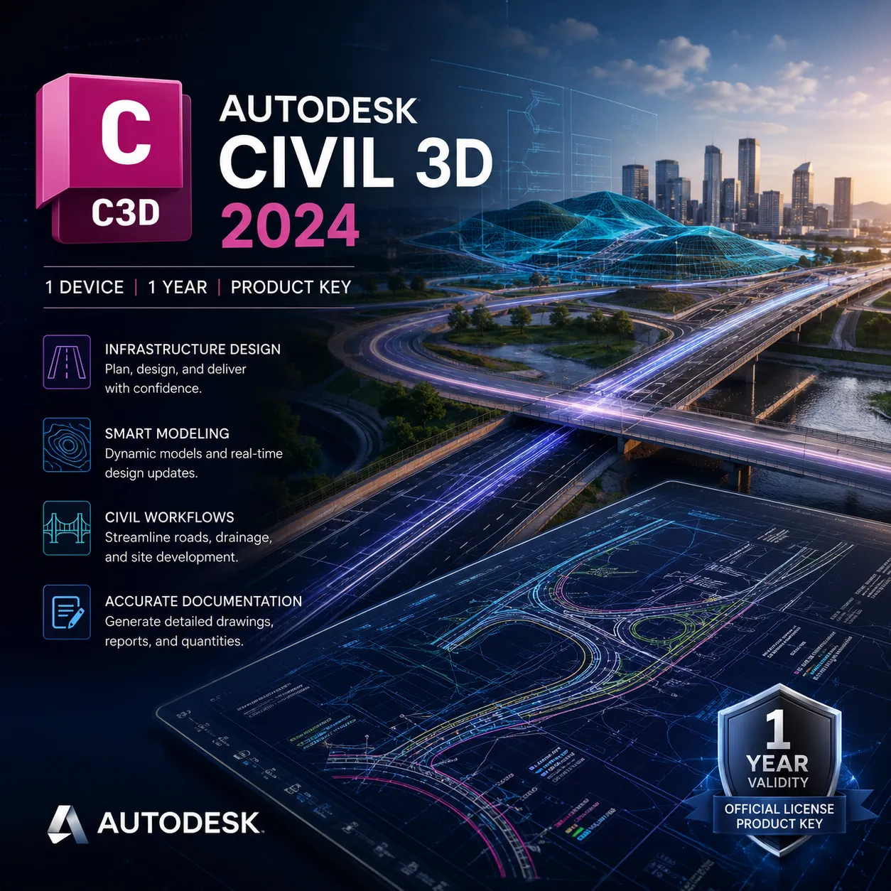 Autodesk Civil 3D 2024 1 Device 1 Year Product Key