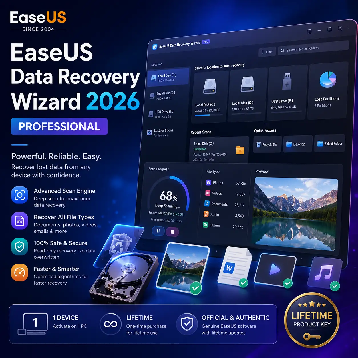 EaseUS Data Recovery Wizard 2026 Professional for 1 Device | Lifetime Product Key