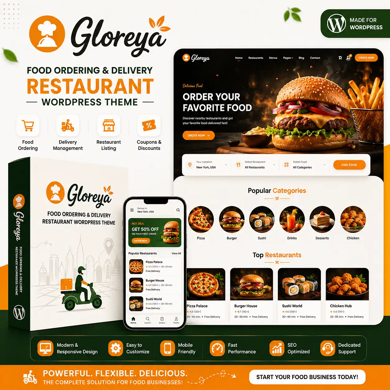Gloreya | Food Ordering & Delivery Restaurant WordPress Theme