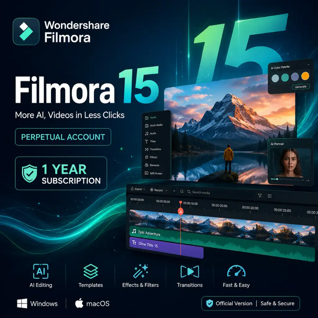 Wondershare Filmora 15 Perpetual Account with AI Features - 1 Year